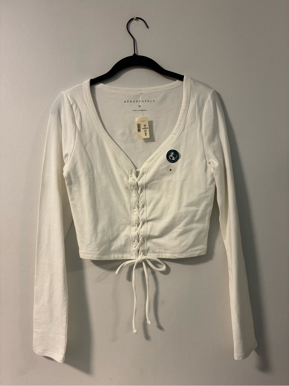 Aeropostale White Lace-Up Long Sleeve Cropped Top